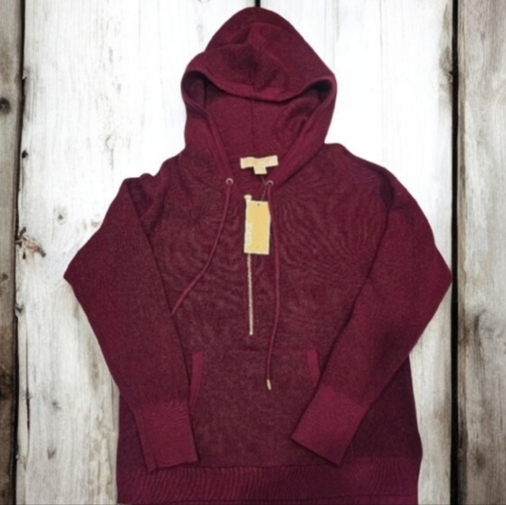 NWT Michael Kors Women's Maroon Knit Hoodie With Half Zipper And Strings--Size S - Picture 9 of 10